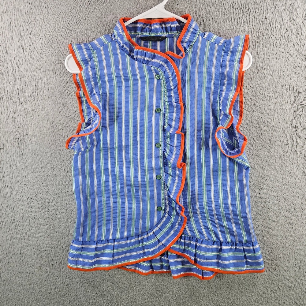 Zara Women Blue Striped Ruffle Sleeveless Blouse Orange Trim Metallic Small